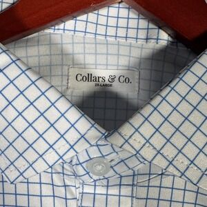 Collars & Co. Polo Shirt Mens 2XL White Blue Grid Check Dress Collar Performance